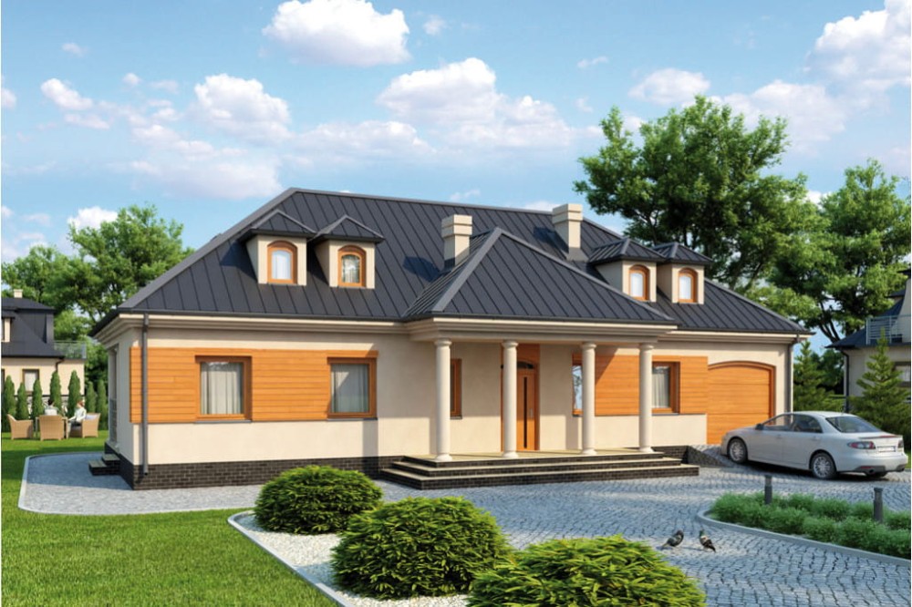Projekt domu Grądy L-6317, parterowy z poddaszem mieszkalnym, z garażem, bez podpiwniczenia - kolorystyka wersja 1