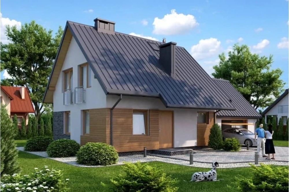 Projekt domu Rudnica tech. DM-6518 tech., parterowy z poddaszem użytkowym, jednorodzinny, tradycyjny, z garażem dwustanowiskowym, bez podpiwniczenia-kolorystyka wersja 1