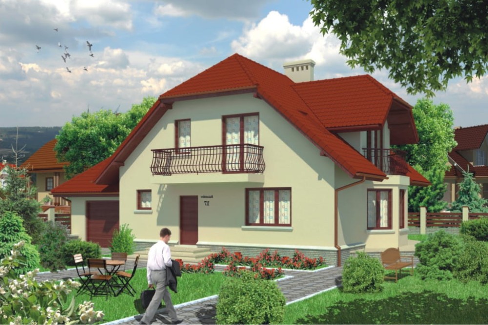 Projekt domu Okunin 2 L-6432, parterowy z poddaszem mieszkalnym, bez podpiwniczenia, z garażem - kolorystyka wersja 1