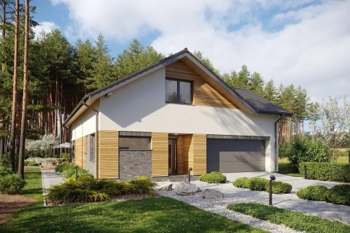 Projekt domu Conssat tech. DM-6760 tech.,  parterowy z poddaszem użytkowym, garażem dwustanowiskowym - kolorystyka wersja 1