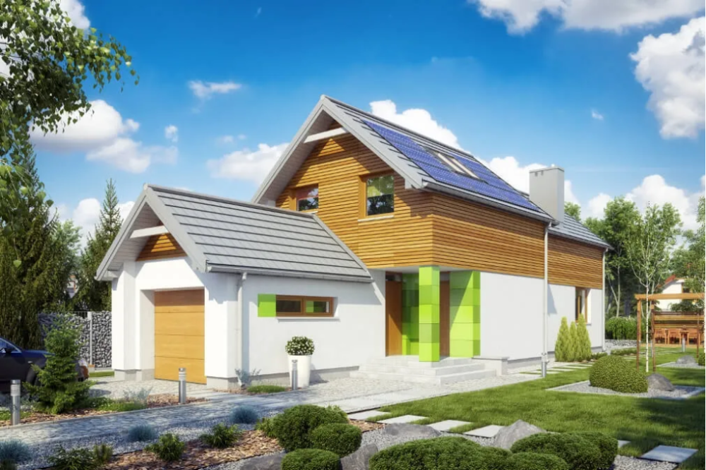 Projekt domu Dalianowo tech. DM-6555 tech., parterowy z poddaszem mieszkalnym, bez podpiwniczenia z garażem, na wąską działkę - kolorystyka wersja 1