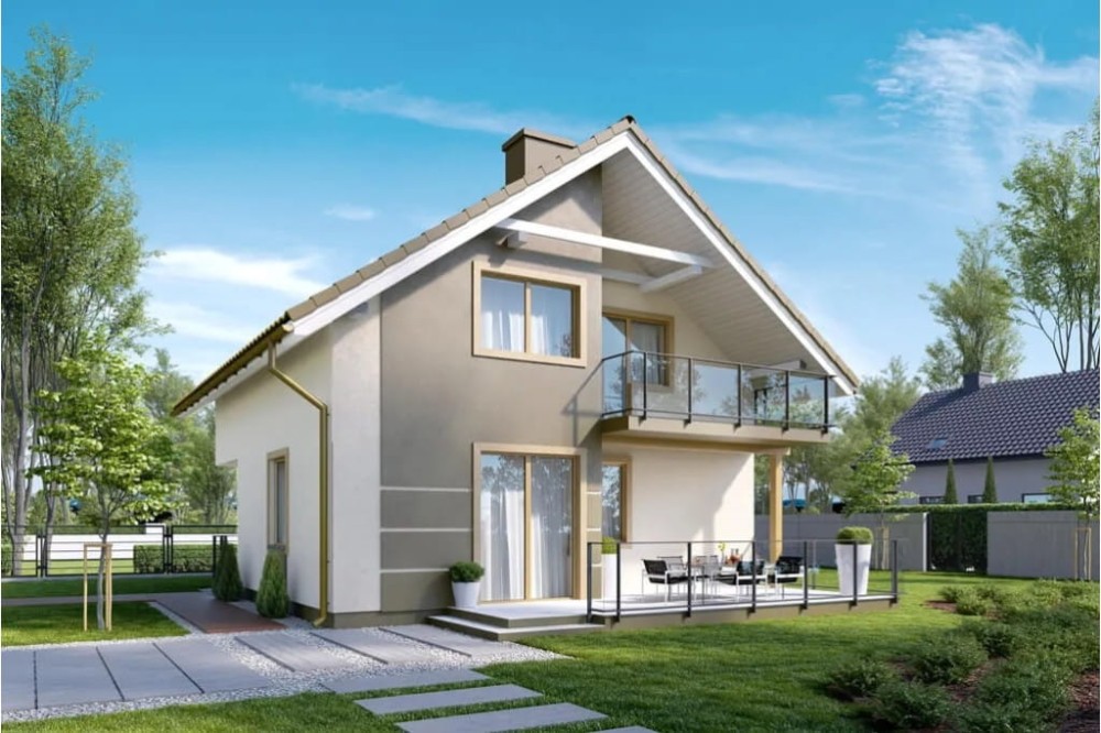 Projekt domu Wawrzynów tech. DM-6536 tech., parterowy z poddaszem mieszkalnym, częściowo podpiwniczony - kolorystyka wersja 1