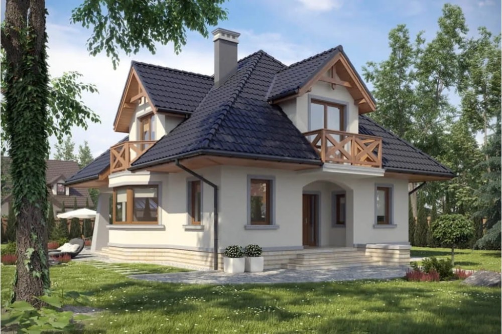 Projekt domu Konstancin tech. DM-6351 tech., parterowy z poddaszem mieszkalnym, częściowo podpiwniczony, bez garażu - kolorystyka wersja 1