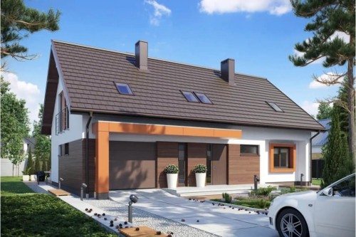 Projekt domu Rycerka tech. DM-6411 tech., parterowy  z poddaszem użytkowym, jednorodzinny, tradycyjny, z garażem-kolorystyka wersja 1