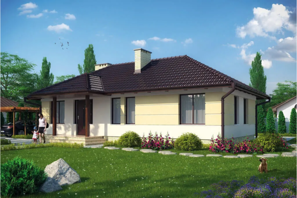 Projekt domu Rzeszotary tech. L-6191 tech., parterowy, częściowo podpiwniczony - kolorystyka wersja 1