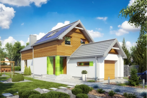 Projekt domu Dalianowo 2 tech. L-6555 tech., parterowy z poddaszem mieszkalnym, bez podpiwniczenia z garażem, na wąską działkę - kolorystyka wersja 1