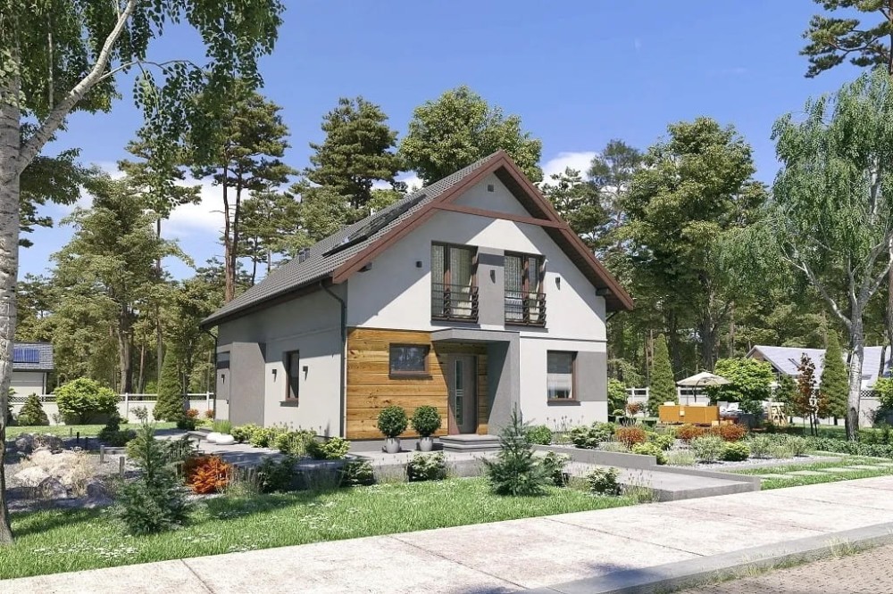 Projekt domu Favianis 2 tech. L-6713 tech., dwulokalowy, parterowy z poddaszem użytkowym, niepodpiwniczony, bez garażu - kolorystyka wersja 1