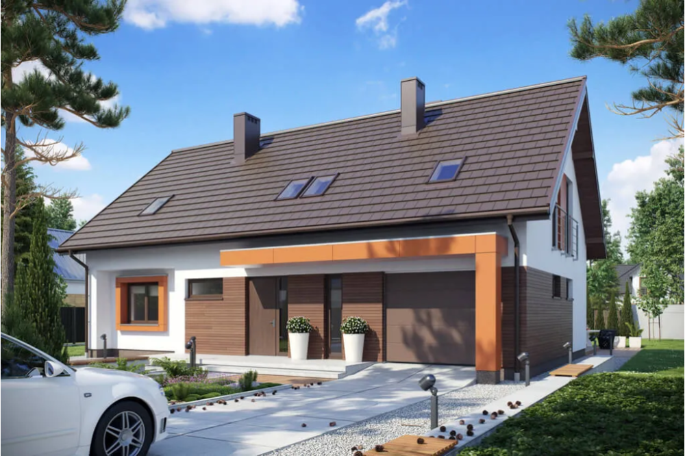 Projekt domu Rycerka 2 tech. L-6411 tech., parterowy  z poddaszem użytkowym, jednorodzinny, tradycyjny, z garażem-kolorystyka wersja 1