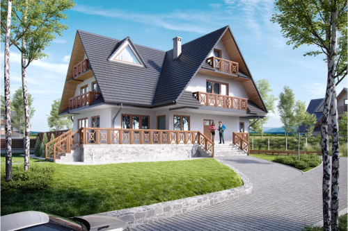 Projekt domu Zakopane tech. DM-6551 tech., piętrowy z poddaszem mieszkalnym, podpiwniczony, z garażem - kolorystyka wersja 1