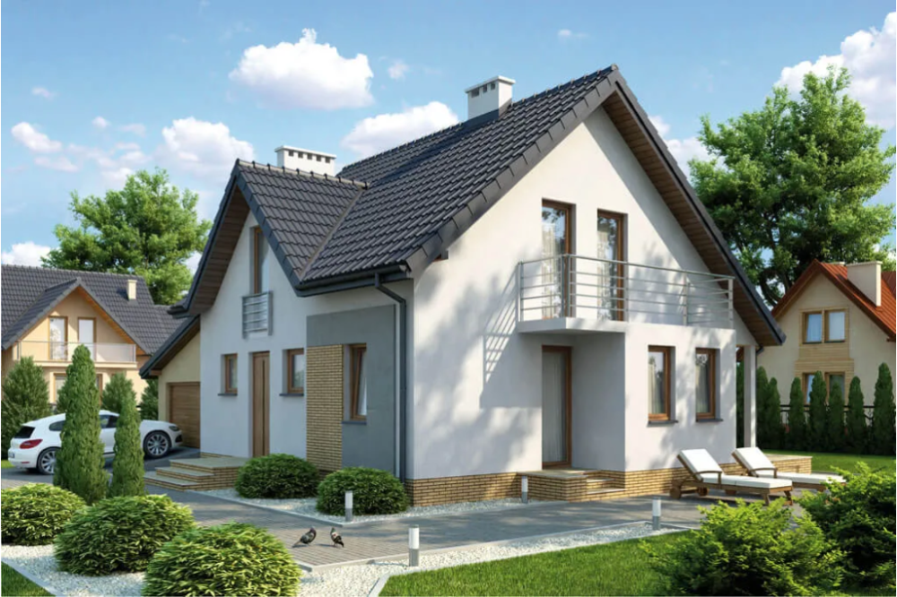 Projekt domu Gaj 2 tech. L-6347 tech., parterowy z poddaszem mieszkalnym, bez podpiwniczenia, z garażem - kolorystyka wersja 1