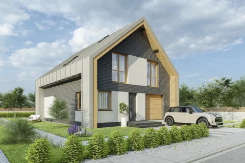Projekt domu Matrico 2 tech. L-6807 tech., parterowy z poddaszem użytkowym, garażem jednostanowiskowym - kolorystyka wersja 1
