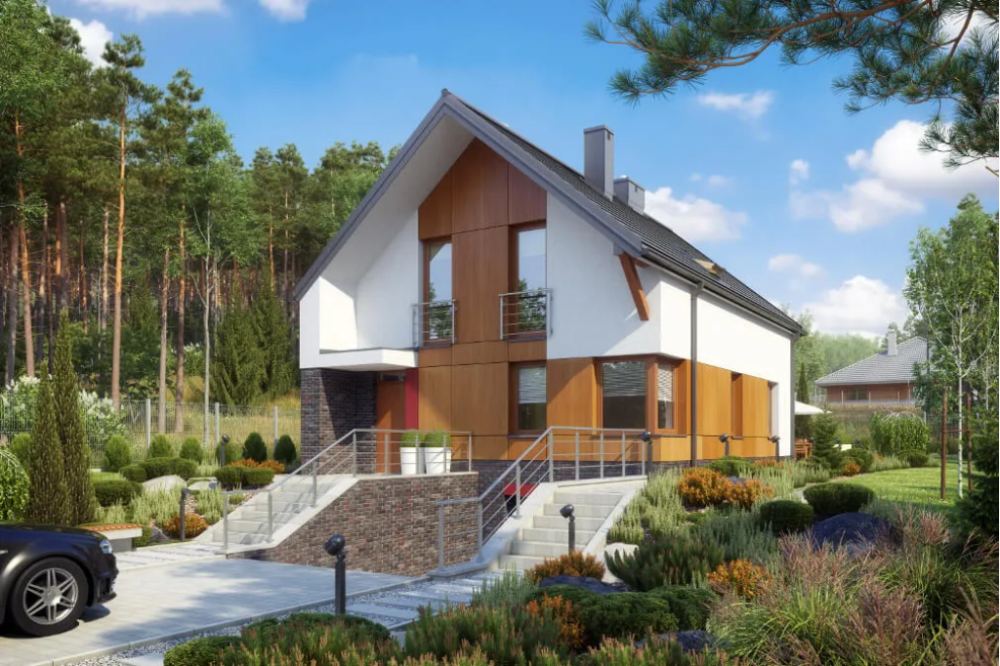 Projekt domu Irysowo tech. DM-6594 tech., dom parterowy z poddaszem mieszkalnym, z garażem, częściowo podpiwniczony  - kolorystyka wersja 1