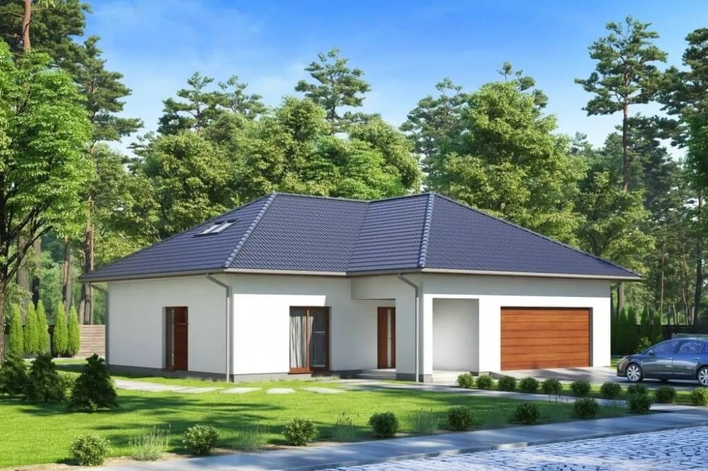 Projekt domu Wiechlina 2 tech. L-6628 tech., parterowy z poddaszem do adaptacji, z garażem dwustanowiskowym, bez podpiwniczenia - kolorystyka wersja 1