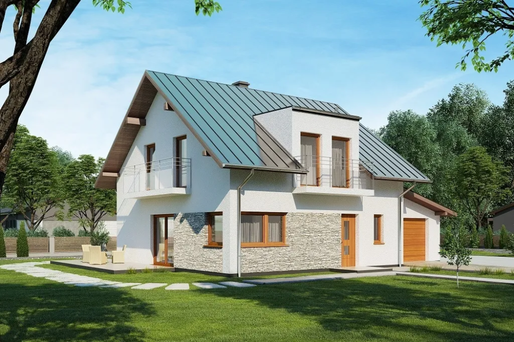 Projekt domu Ervia 2 tech. L-6686 tech., parterowy z poddaszem mieszkalnym, z garażem jednostanowiskowym - kolorystyka wersja 1