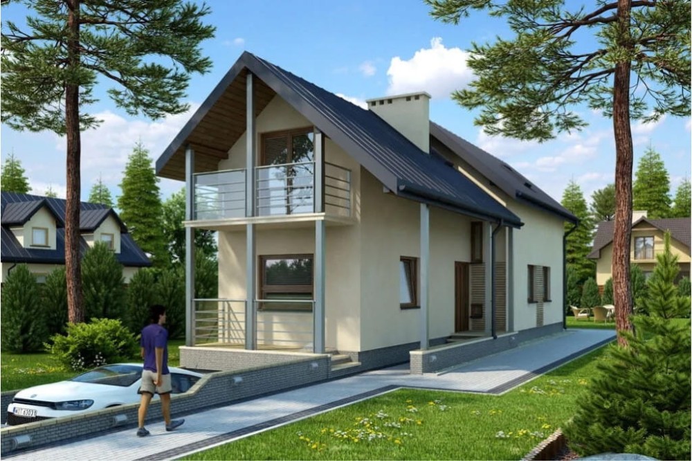 Projekt domu Braciszewo tech. DM-6172 tech., parterowy z poddaszem mieszkalnym, podpiwniczony z garażem, na wąską działkę - kolorystyka wersja 1