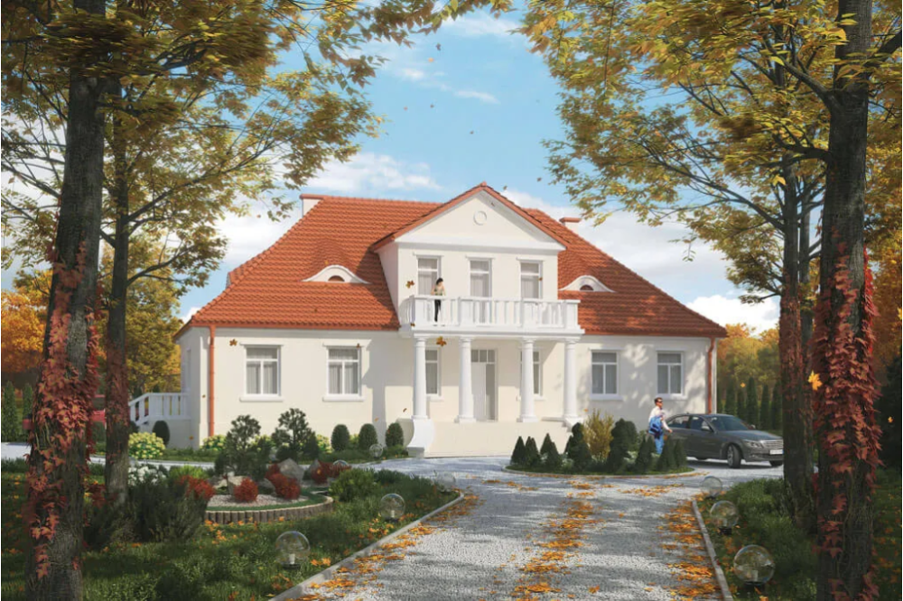 Projekt domu Lubawa 2 tech. L-6513 tech., parterowy z poddaszem użytkowym, jednorodzinny, dworkowy, z garażem jednostanowiskowym, bez podpiwniczenia - kolorystyka wersja 1