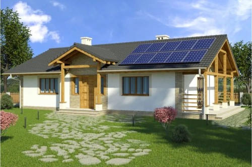 Projekt domu Szyce tech. DM-6205 tech., jednorodzinny parterowy, niepodpiwniczony, bez garażu, w technologii murowanej z dachem dwuspadowym - kolorystyka wersja 1