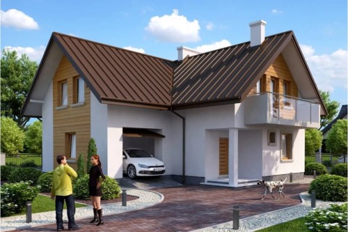 Projekt domu Rzezawa tech.  DM-6374 tech., parterowy z poddaszem użytkowym, jednorodzinny, tradycyjny, z garażem  -wizualizacja elewacji frontowej