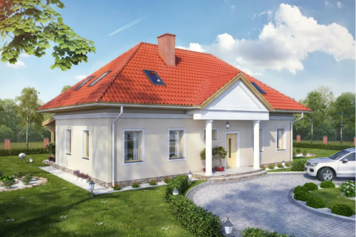 Projekt domu Konwaliowo tech. DM-6582 tech., parterowy z poddaszem mieszkalnym, bez podpiwniczenia, bez garażu - kolorystyka wersja 1