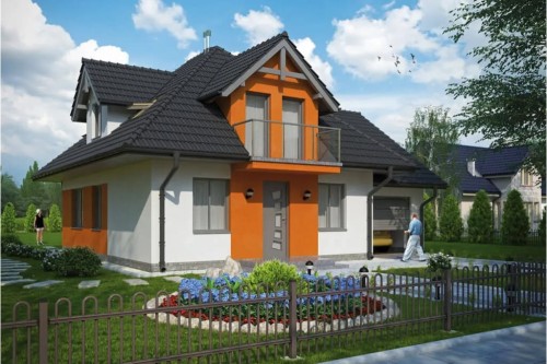 Projekt domu Bartne 2 tech. L-6499 tech., jednorodzinny, parterowy, z poddaszem mieszkalnym, bez podpiwniczenia, z garażem jednostanowiskowym - kolorystyka wersja 1