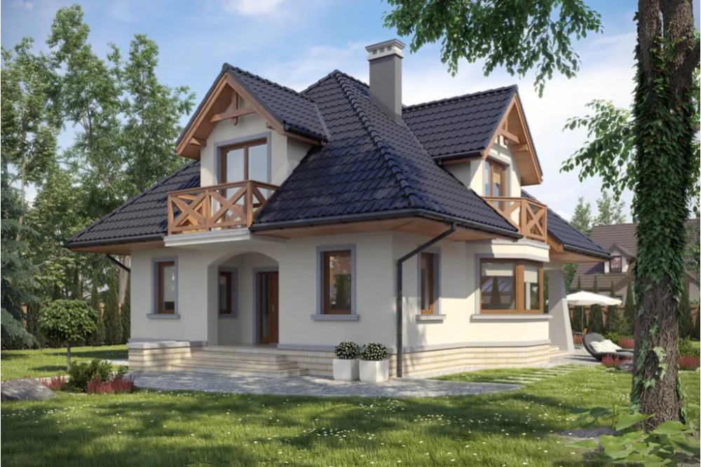 Projekt domu Konstancin 2 tech. L-6351 tech., parterowy z poddaszem mieszkalnym, częściowo podpiwniczony, bez garażu - kolorystyka wersja 1