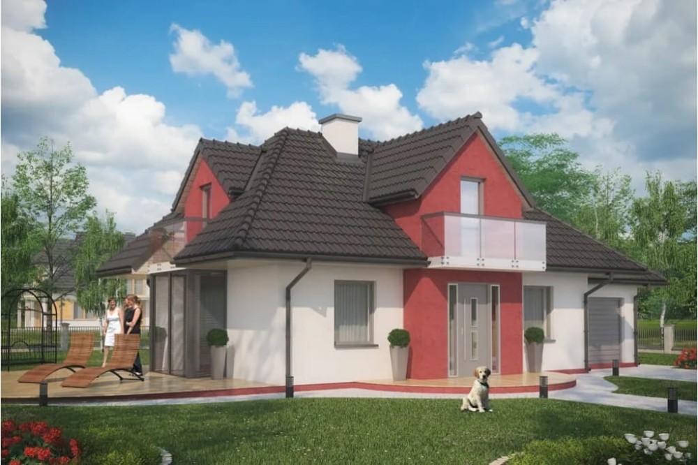 Projekt domu Śnieżyn tech. DM-6346 tech., parterowy z garażem, z poddaszem mieszkalnym, bez podpiwniczenia - kolorystyka wersja 1