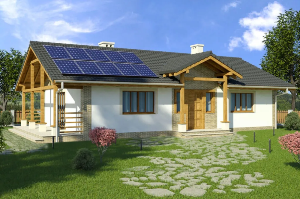 Projekt domu Szyce 2 tech. L-6205 tech., jednorodzinny parterowy, niepodpiwniczony, bez garażu, w technologii murowanej z dachem dwuspadowym - kolorystyka wersja 1