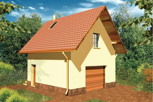 Projekt garażu jednostanowiskowego tech. ZG-48 tech.,  parterowy z poddaszem użytkowym, bez podpiwniczenia - kolorystyka wersja 1