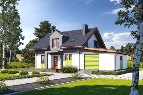 Projekt domu Emporia 2 tech. L-6697 tech., dwumieszkaniowy, parterowy z poddaszem użytkowym, z garażem jednostanowiskowym - kolorystyka wersja 1