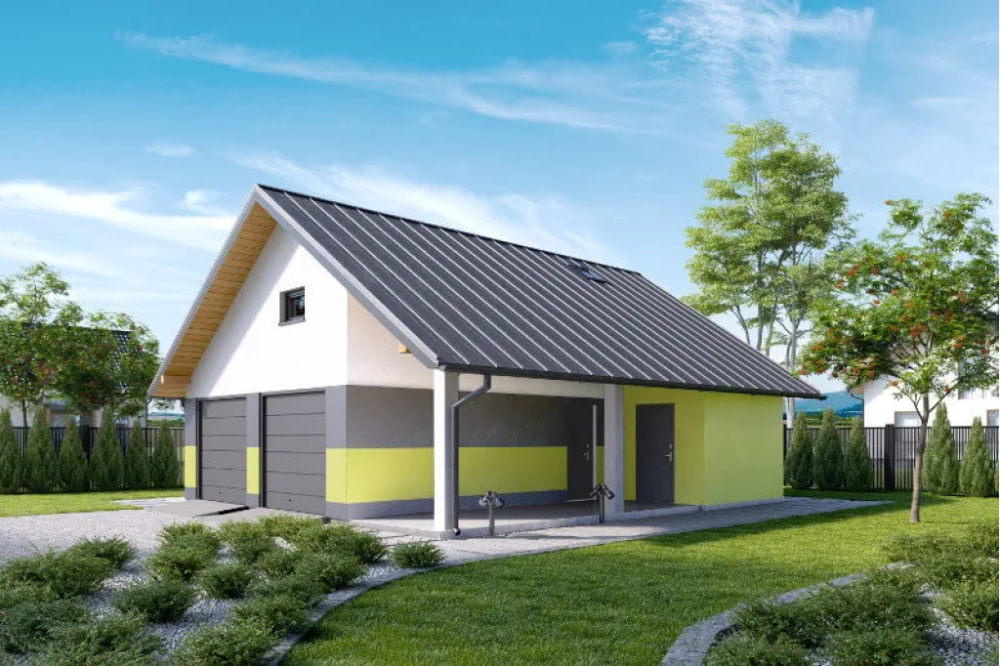 Projekt garażu dwustanowiskowego tech. ZG-90 tech., parterowy z poddaszem do adaptacji, niepodpiwniczony - kolorystyka wersja 1