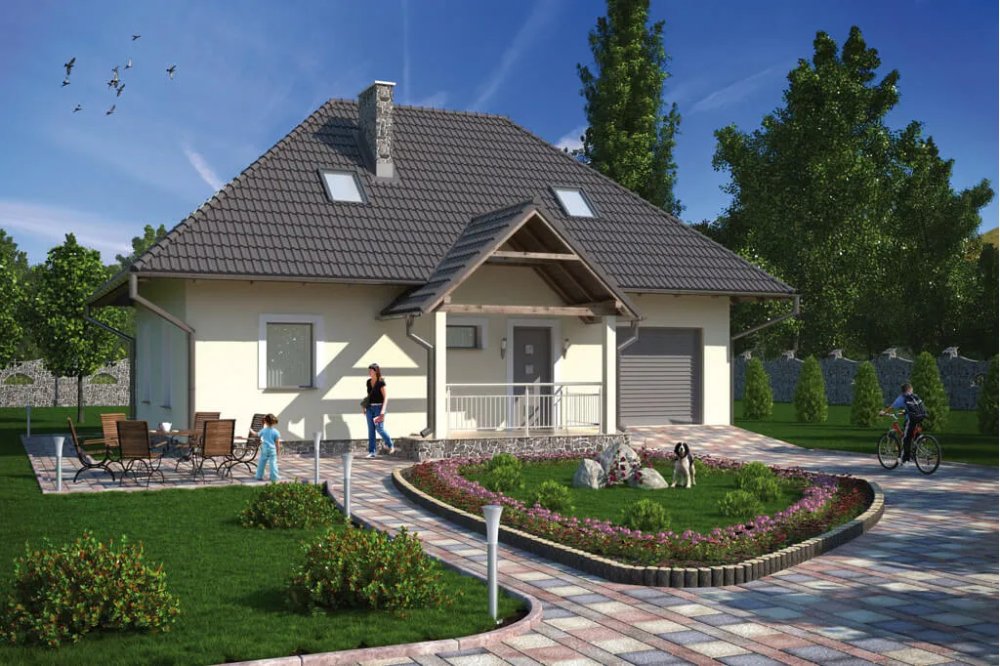 Projekt domu Sitno tech. L-6083 tech., parterowy, z poddaszem użytkowym, jednorodzinny, tradycyjny, z garażem, bez podpiwniczenia-kolorystyka wersja 1