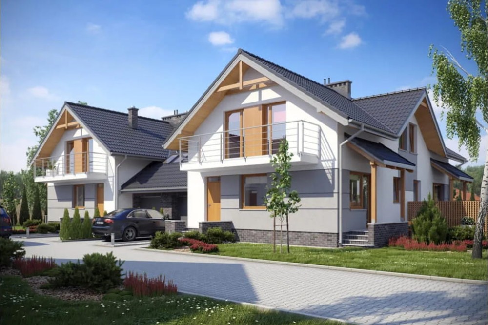 Projekt domu Sidzina tech. DM-6422 tech., dwulokalowy w zabudowie bliźniaczej, parterowy z poddaszem mieszkalnym, bez podpiwniczenia z 4 garażami - kolorystyka wersja 1