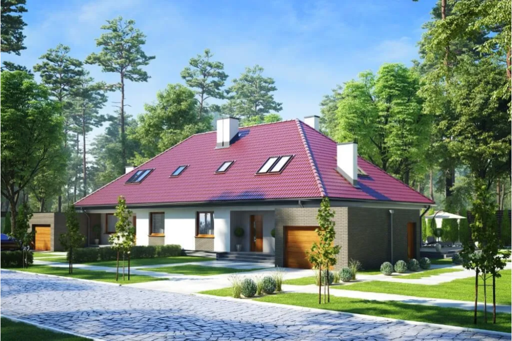 Projekt domu Jastruń tech. DM-6540 tech., parterowy z poddaszem użytkowym, dwurodzinny, w zabudowie bliźniaczej, z garażem, bez podpiwniczenia - kolorystyka wersja 1