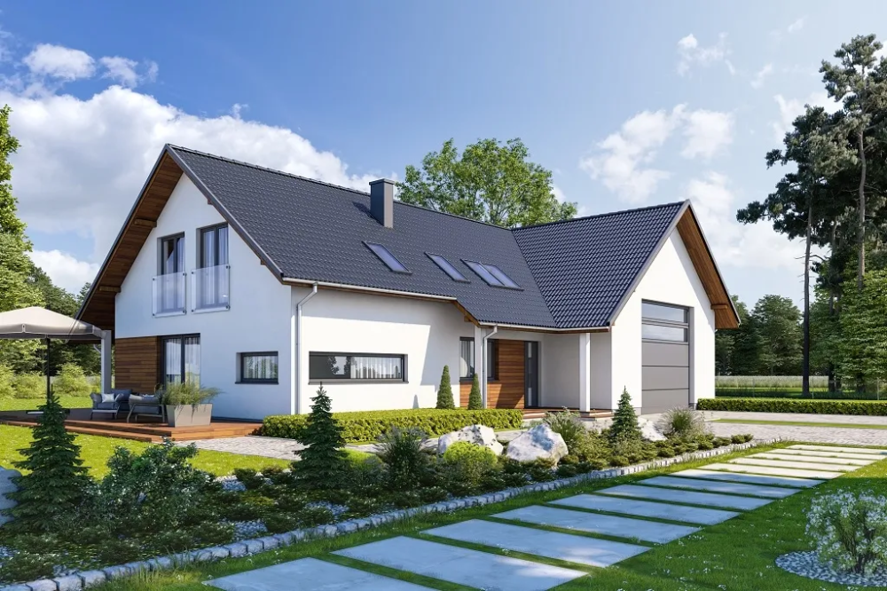 Projekt domu Koria tech. DM-6696 tech., parterowy z poddaszem użytkowym, niepodpiwniczony, z garażem dwustanowiskowym - kolorystyka wersja 1