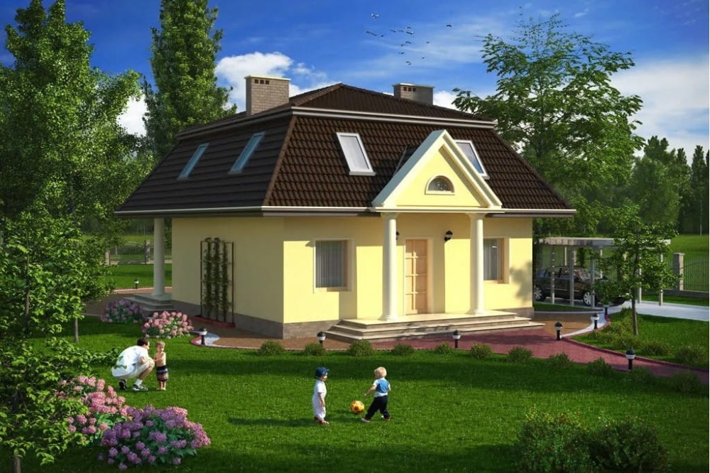 Projekt domu Przybysławice tech. DM-5530 tech., parterowy z poddaszem mieszkalnym, częściowo podpiwniczony - kolorystyka wersja 1