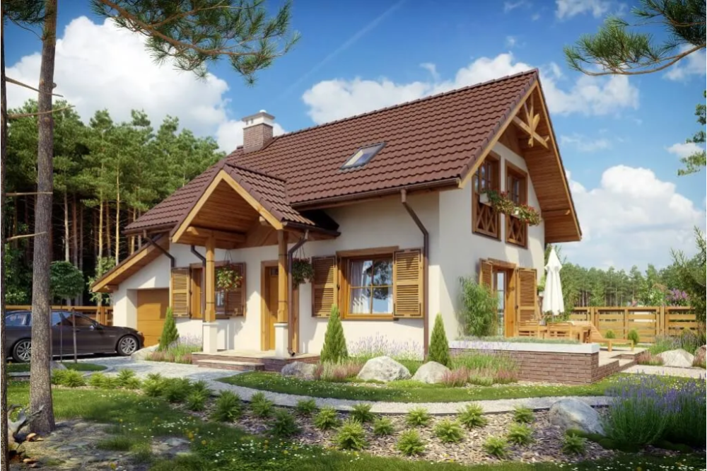 Projekt domu Nerina tech. DM-6527 tech., parterowy z poddaszem mieszkalnym, częściowo podpiwniczony - kolorystyka wersja 1