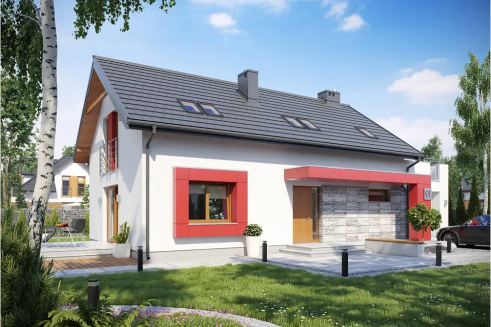 Projekt domu Valles Due tech. L-6419 tech., parterowy z poddaszem mieszkalnym, bez podpiwniczenia, z garażem - kolorystyka wersja 1