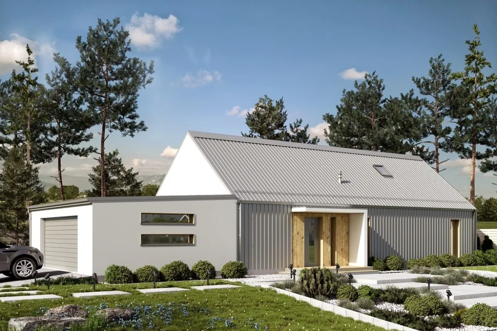 Projekt domu Nezano tech. DM-6695 tech., parterowy z poddaszem użytkowym, z garażem dwustanowiskowym - kolorystyka wersja 1
