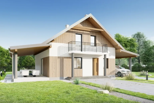 Projekt domu Entro 2 tech. L-6755 tech., parterowy z poddaszem użytkowym, z wiatą garażową, niepodpiwniczony - kolorystyka wersja 1