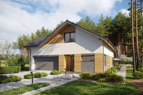 Projekt domu Conssat 2 tech. L-6760 tech.,  parterowy z poddaszem użytkowym, garażem dwustanowiskowym - kolorystyka wersja 1