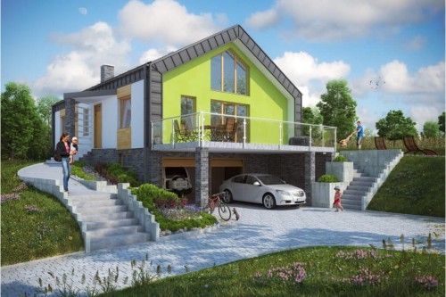Projekt domu Ropczyce DM-6497, parterowy z poddaszem użytkowym, jednorodzinny, nowoczesny z garażem dwustanowiskowym, częściowo podpiwniczony-kolorystyka wersja 1