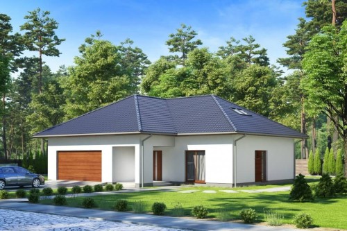 Projekt domu Wiechlina DM-6628, parterowy z poddaszem do adaptacji, z garażem dwustanowiskowym, bez podpiwniczenia - kolorystyka wersja 1