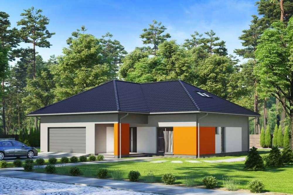 Projekt domu Wiechlina DM-6628, parterowy z poddaszem do adaptacji, z garażem dwustanowiskowym, bez podpiwniczenia - kolorystyka wersja 4