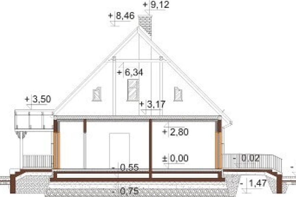 Projekt domu Jałowiec DM-6535, parterowy, z poddaszem nieużytkowym do adaptacji, z garażem dwustanowiskowym, bez podpiwniczenia - przekrój A-A