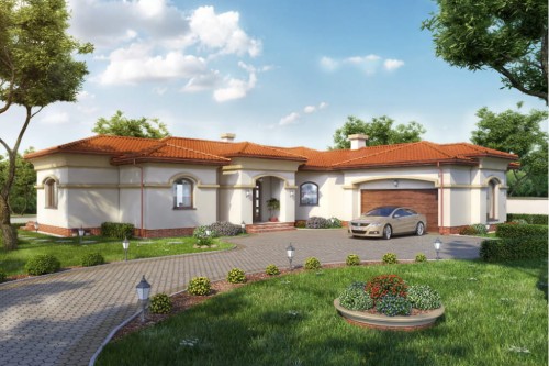 Projekt domu Hortensjów DM-6595, dom parterowy z częściowym podpiwniczeniem i garażem dwustanowiskowym - kolorystyka wersja 1