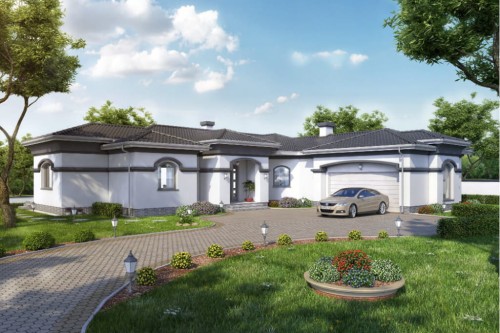 Projekt domu Hortensjów DM-6595, dom parterowy z częściowym podpiwniczeniem i garażem dwustanowiskowym - kolorystyka wersja 2