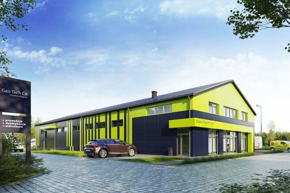 Projekt budynku usługowo - biurowo - magazynowego K-118, niepodpiwniczony, złożony z dwóch części-kolorystyka wersja 2