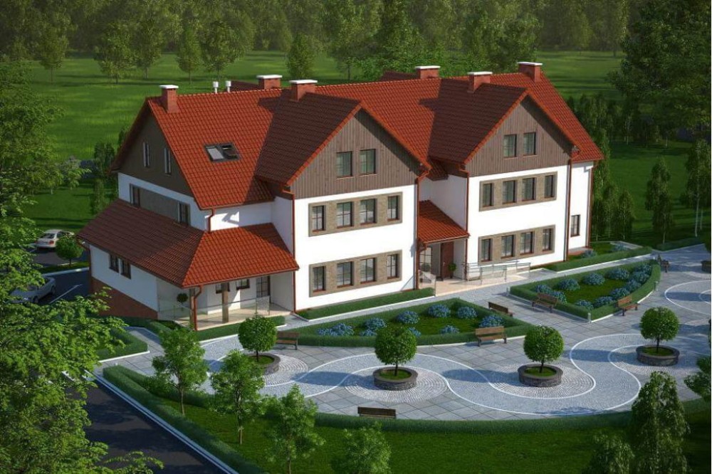 Projekt pensjonatu K-20 C, piętrowy z poddaszem nieużytkowym (do adaptacji), podpiwniczony - kolorystyka wersja 3