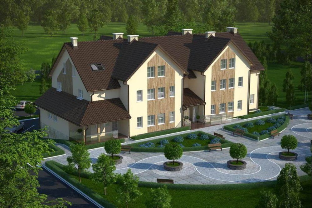 Projekt pensjonatu K-20 C, piętrowy z poddaszem nieużytkowym (do adaptacji), podpiwniczony - kolorystyka wersja 4