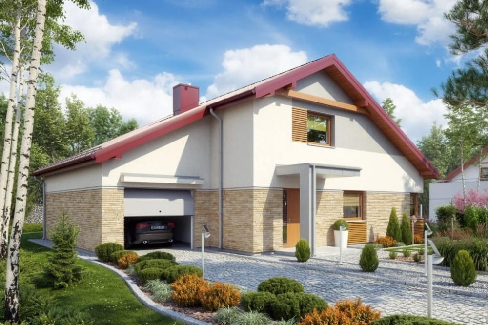 Projekt domu Nasturczynek 2 L-6564, parterowy z poddaszem do adaptacji, jednorodzinny, tradycyjny z garażem, bez podpiwniczenia -wizualizacja elewacji frontowej